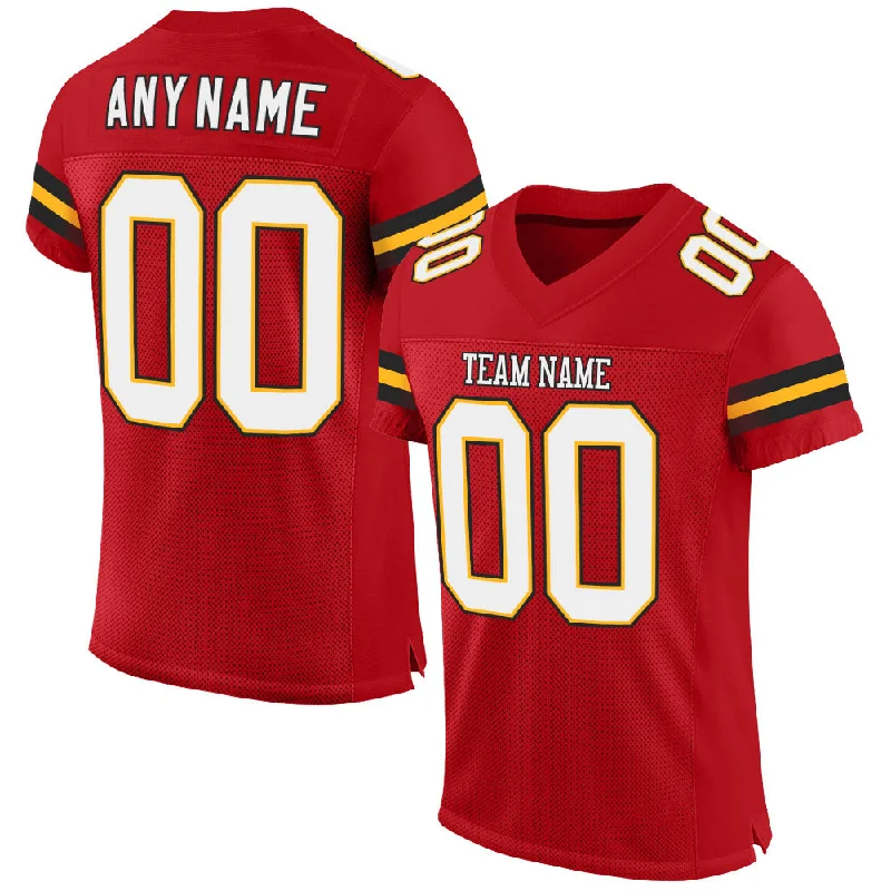 Custom Red White-Gold Mesh Authentic Football Jersey