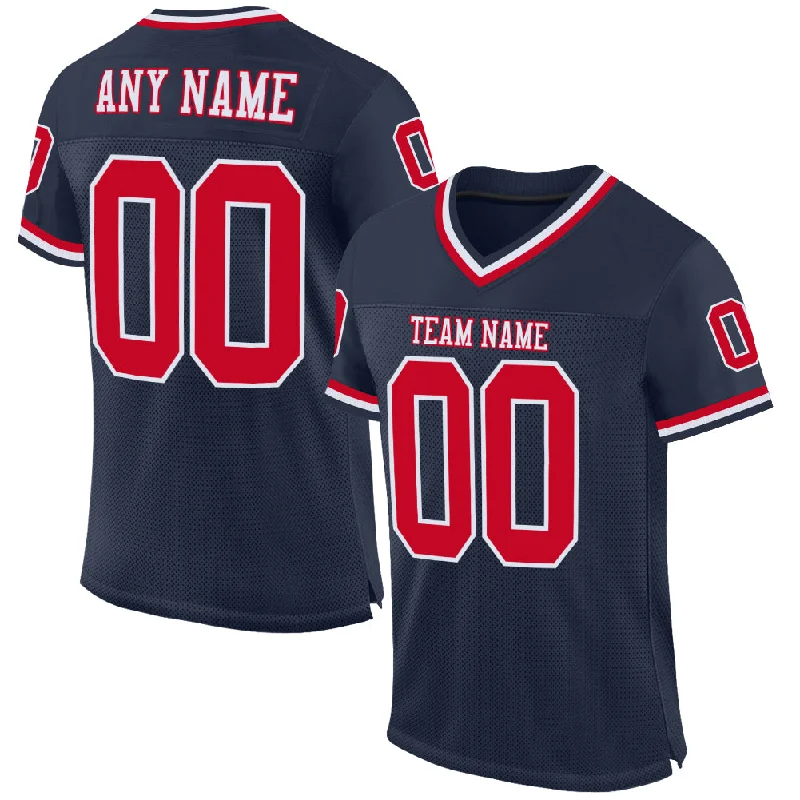 Custom Navy Red-White Mesh Authentic Throwback Football Jersey