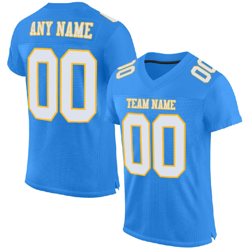 Custom Powder Blue White-Gold Mesh Authentic Football Jersey