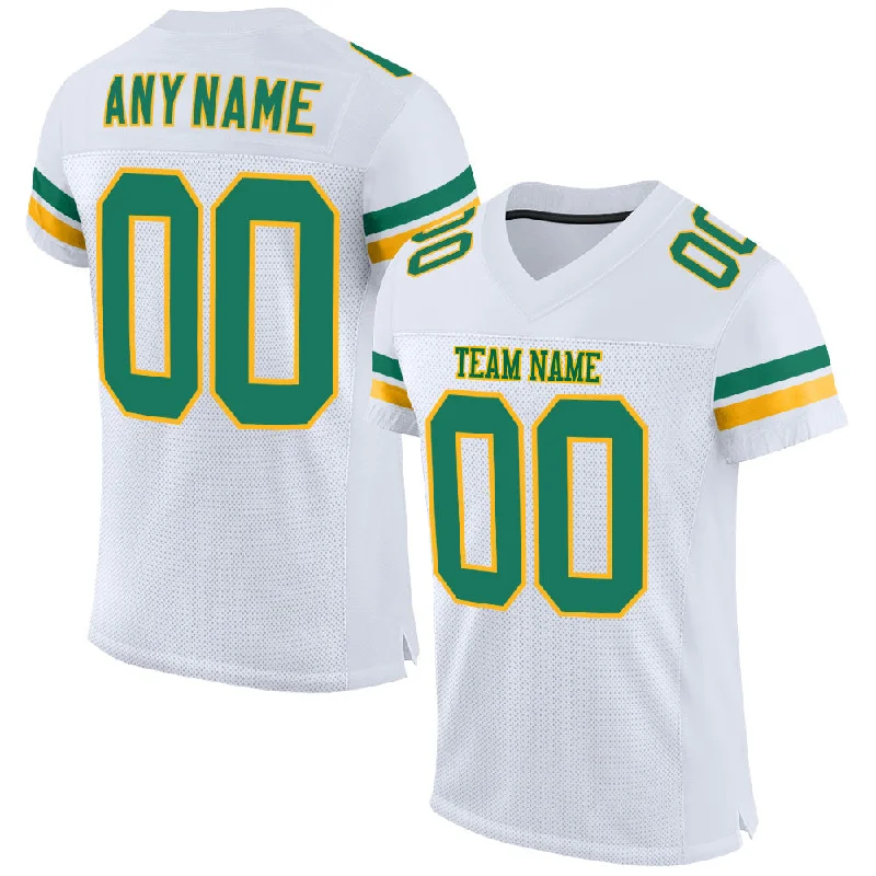 Custom White Kelly Green-Gold Mesh Authentic Football Jersey