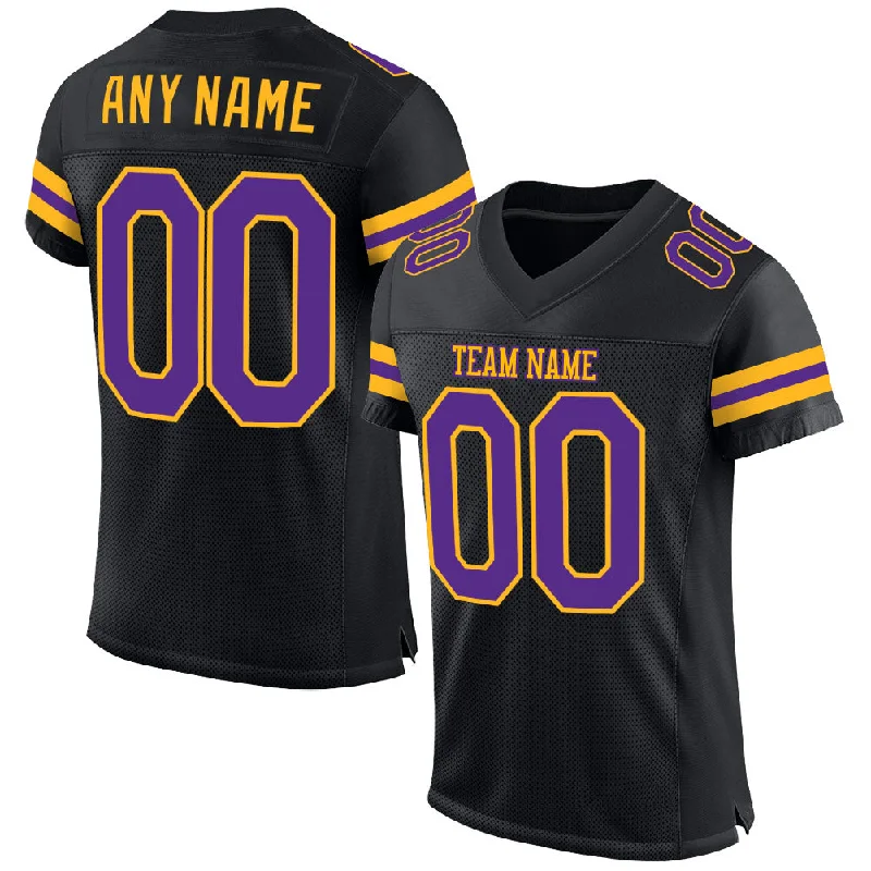 Custom Black Purple-Gold Mesh Authentic Football Jersey