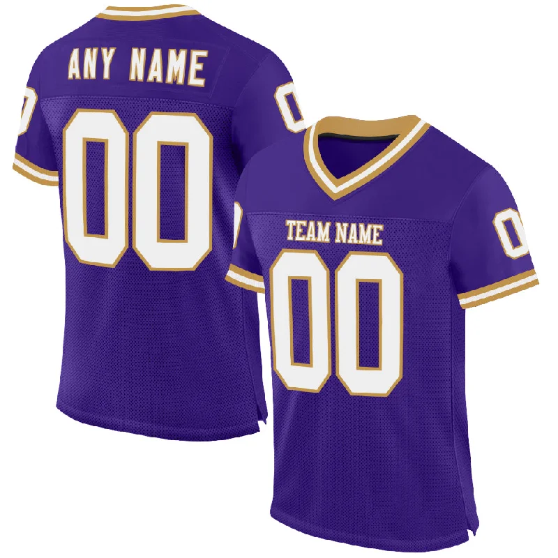 Custom Purple White-Old Gold Mesh Authentic Throwback Football Jersey