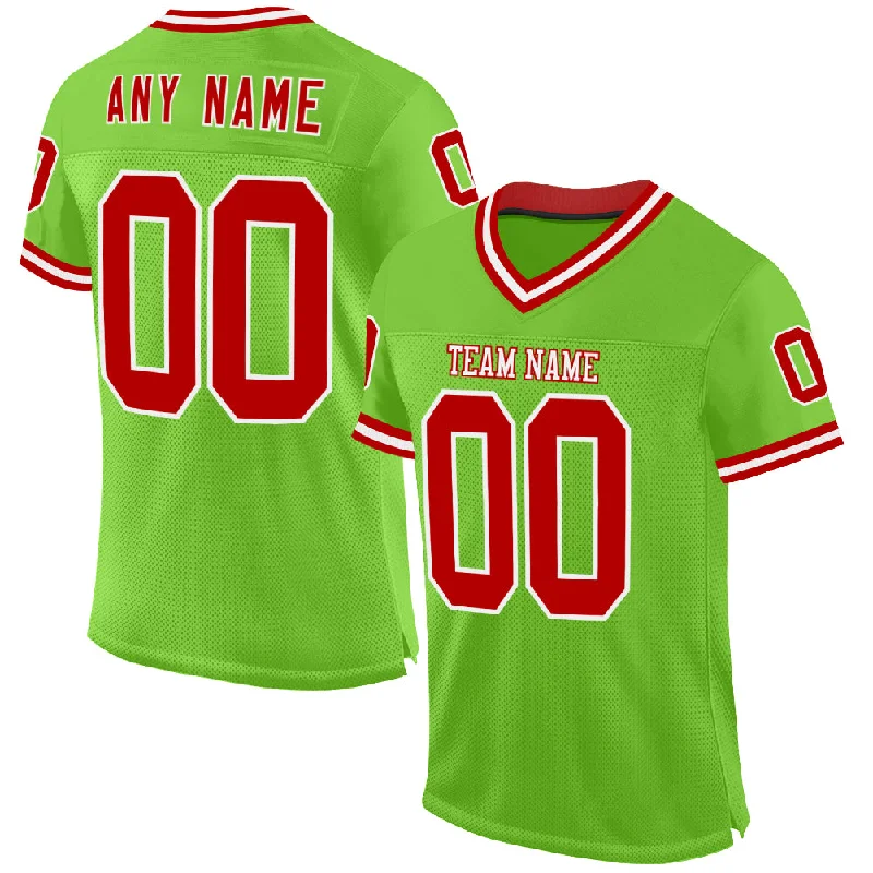 Custom Neon Green Red-White Mesh Authentic Throwback Football Jersey