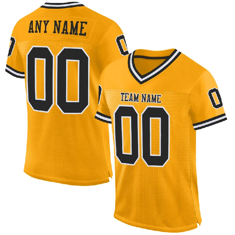 Custom Gold Black-White Mesh Authentic Throwback Football Jersey