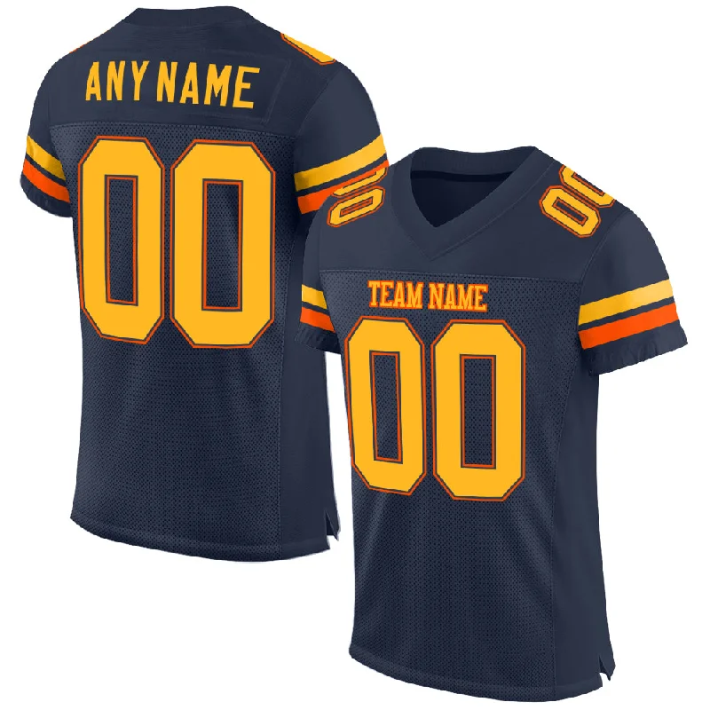 Custom Navy Gold-Orange Mesh Authentic Football Jersey