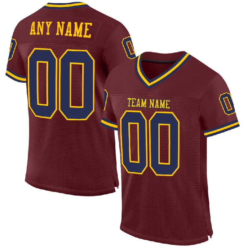 Custom Burgundy Navy-Gold Mesh Authentic Throwback Football Jersey