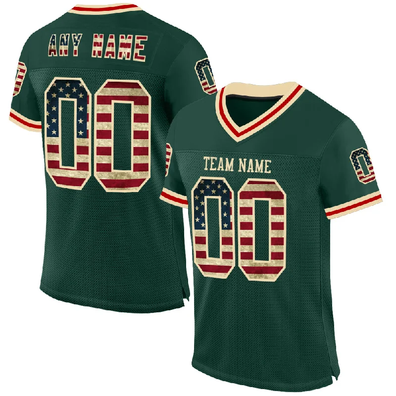 Custom Green Vintage USA Flag Cream-Red Mesh Authentic Throwback Football Jersey