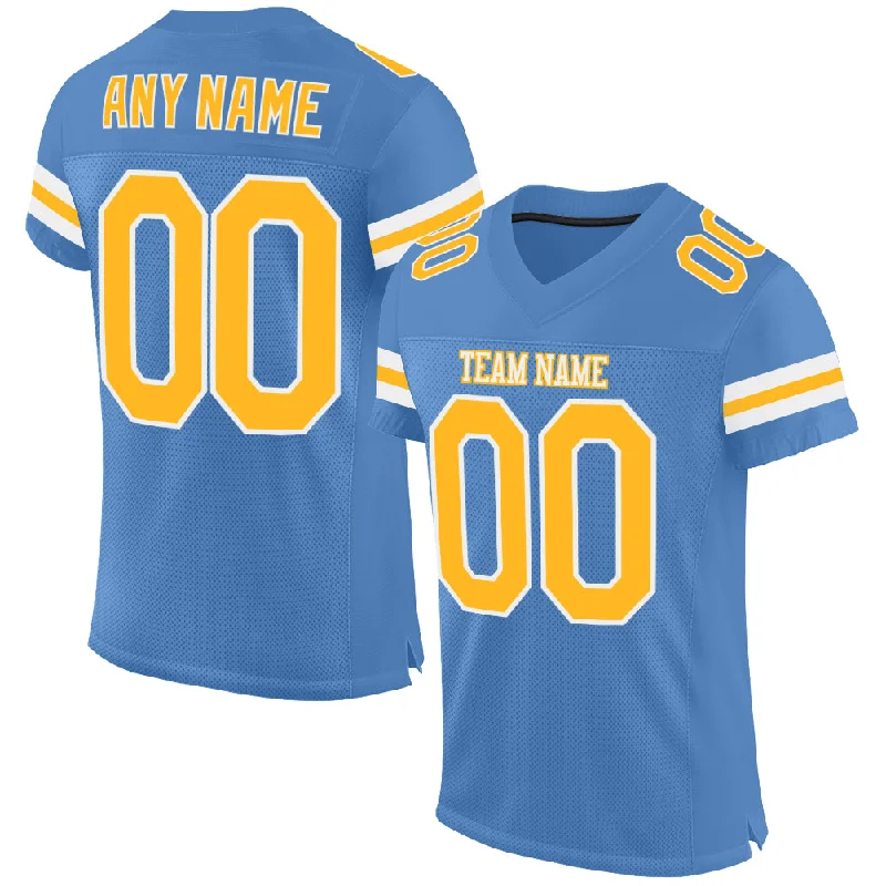 Custom Light Blue Gold-White Mesh Authentic Football Jersey