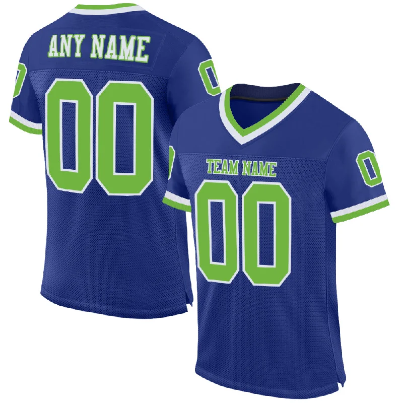 Custom Royal Neon Green-White Mesh Authentic Throwback Football Jersey