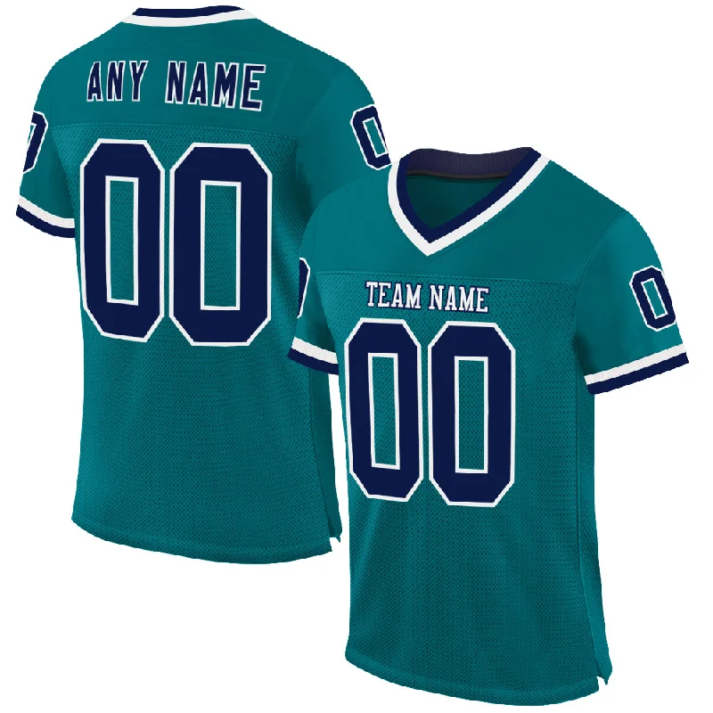 Custom Teal Navy-White Mesh Authentic Throwback Football Jersey