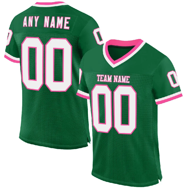 Custom Kelly Green White-Pink Mesh Authentic Throwback Football Jersey