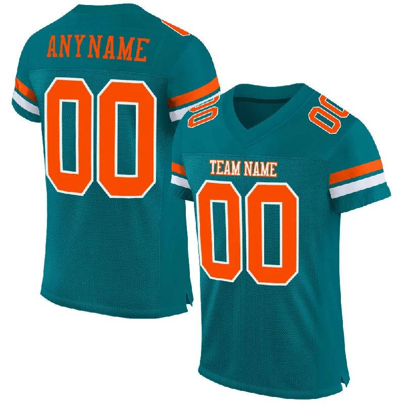 Custom Teal Orange-White Mesh Authentic Football Jersey