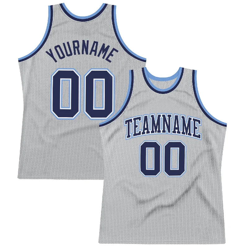 Custom Gray Navy-Light Blue Authentic Throwback Basketball Jersey