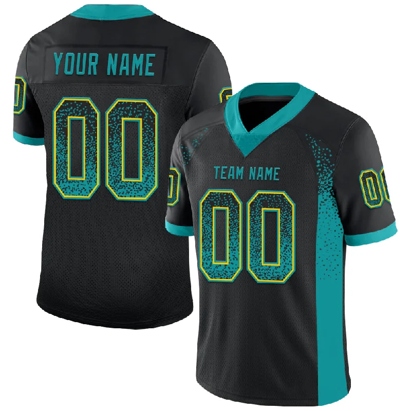 Custom Black Teal-Yellow Mesh Drift Fashion Football Jersey