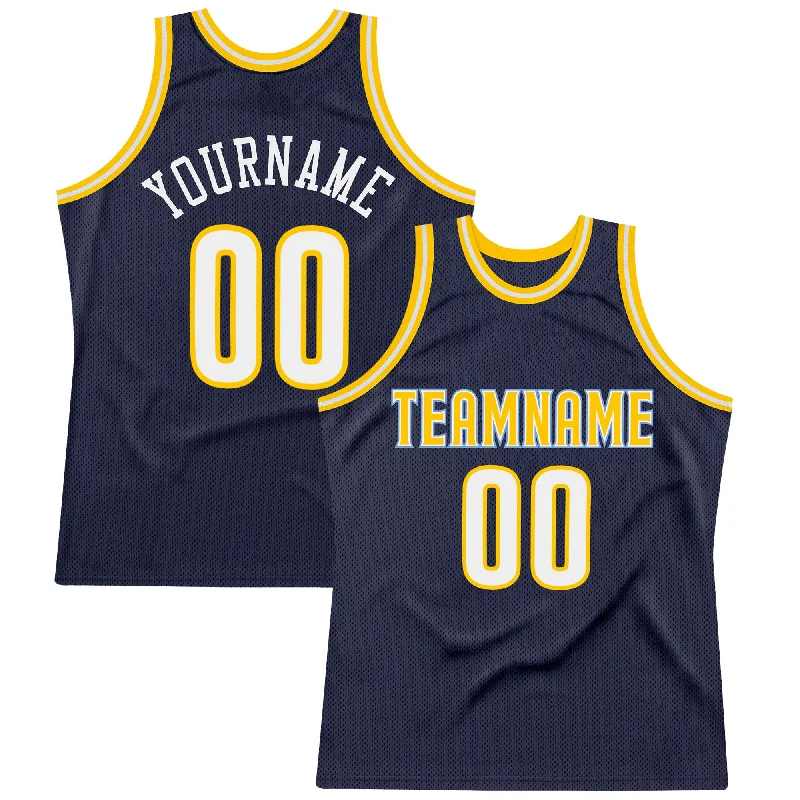 Custom Navy White-Gold Authentic Throwback Basketball Jersey