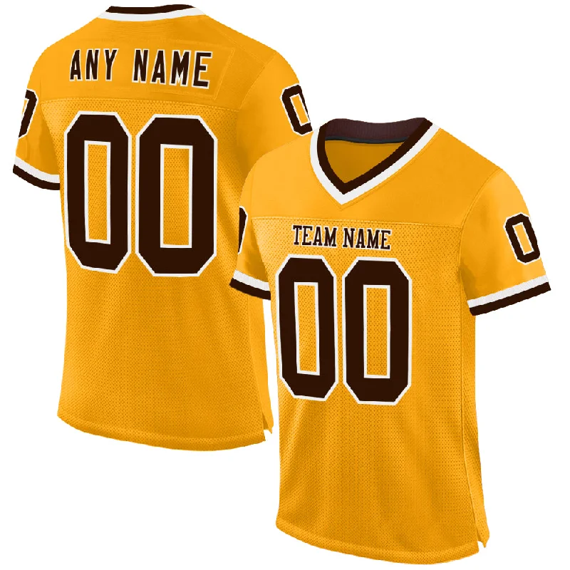 Custom Gold Brown-White Mesh Authentic Throwback Football Jersey