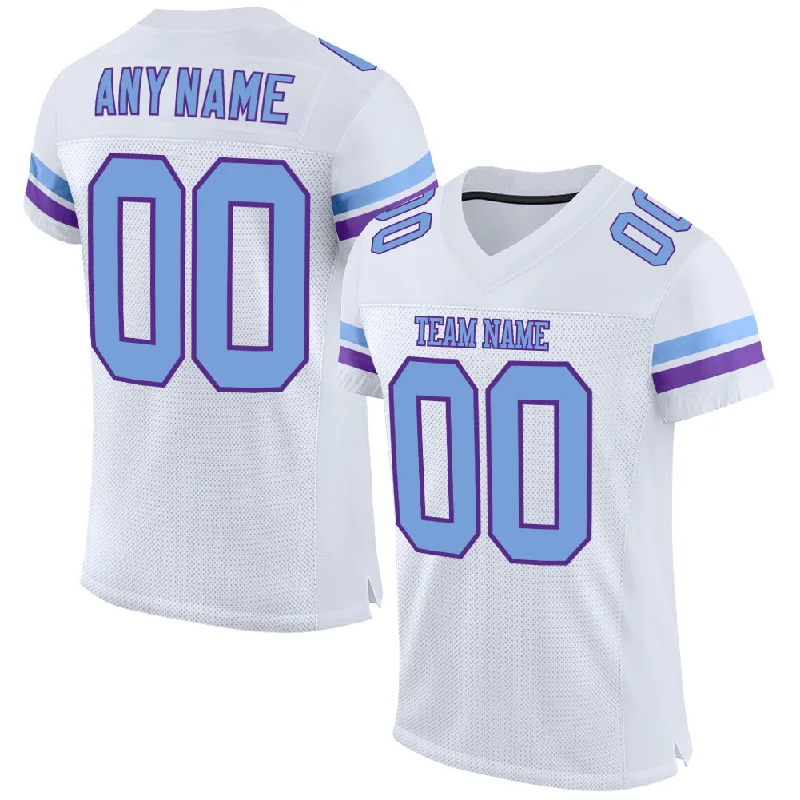 Custom White Light Blue-Purple Mesh Authentic Football Jersey