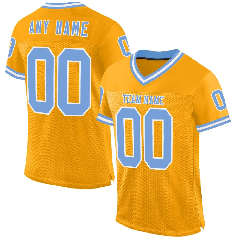 Custom Gold Light Blue-White Mesh Authentic Throwback Football Jersey