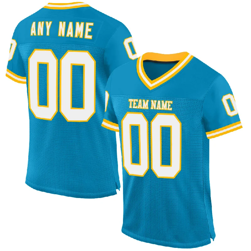 Custom Panther Blue White-Gold Mesh Authentic Throwback Football Jersey