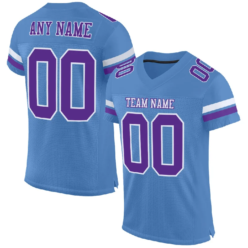 Custom Light Blue Purple-White Mesh Authentic Football Jersey