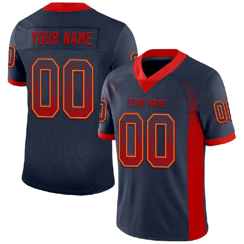 Custom Navy Red-Old Gold Mesh Drift Fashion Football Jersey