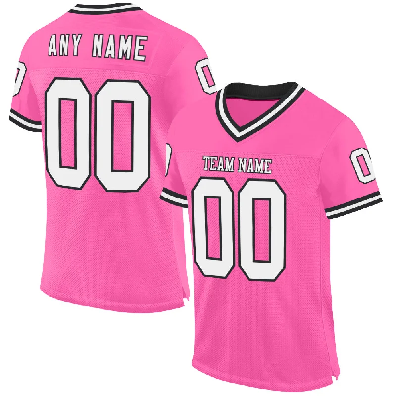 Custom Pink White-Black Mesh Authentic Throwback Football Jersey