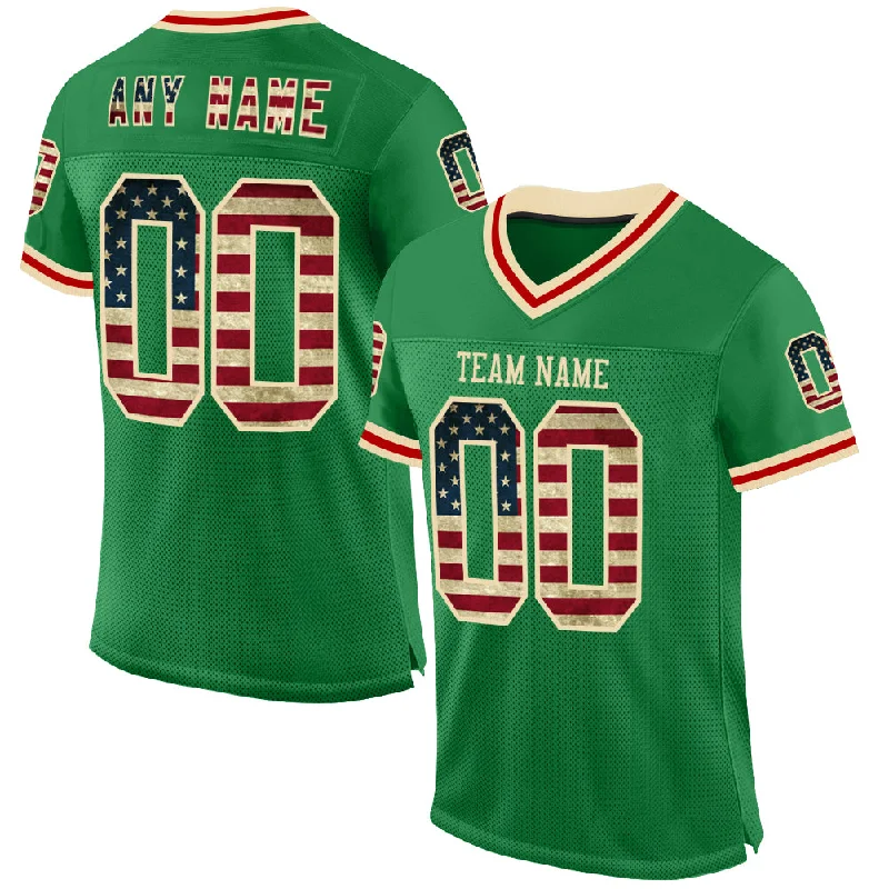 Custom Grass Green Vintage USA Flag Cream-Red Mesh Authentic Throwback Football Jersey