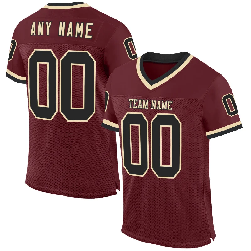 Custom Burgundy Black-Cream Mesh Authentic Throwback Football Jersey