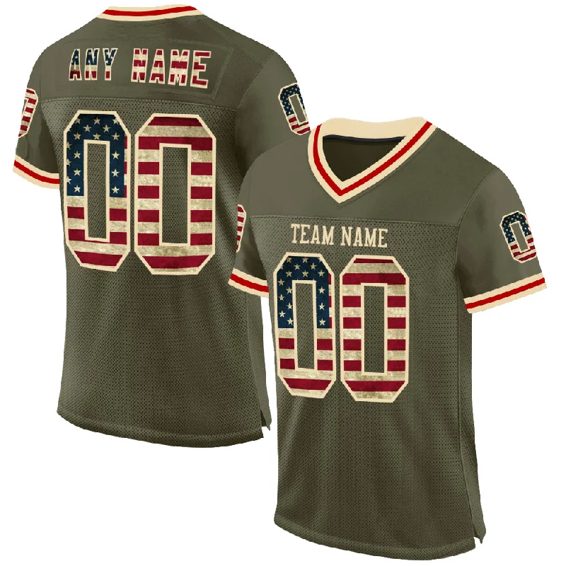 Custom Olive Vintage USA Flag Cream-Red Mesh Authentic Throwback Salute To Service Football Jersey