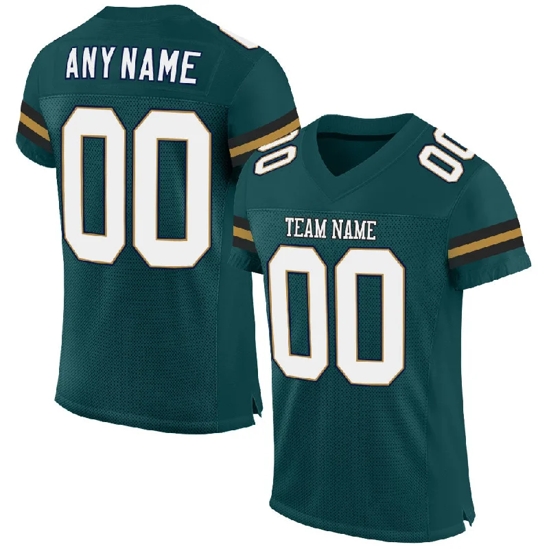 Custom Midnight Green White-Old Gold Mesh Authentic Football Jersey