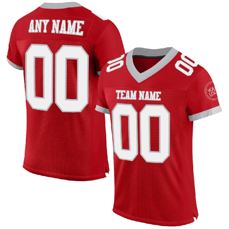 Custom Red White-Gray Mesh Authentic Football Jersey