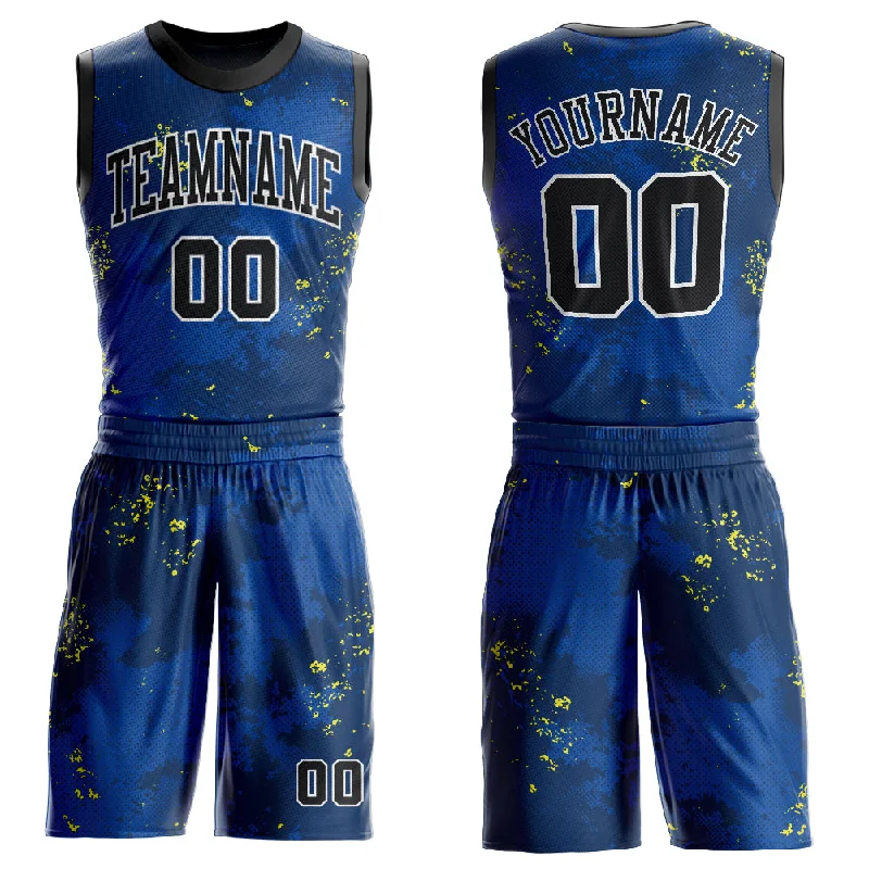 Custom Royal Black-Gold Round Neck Sublimation Basketball Suit Jersey