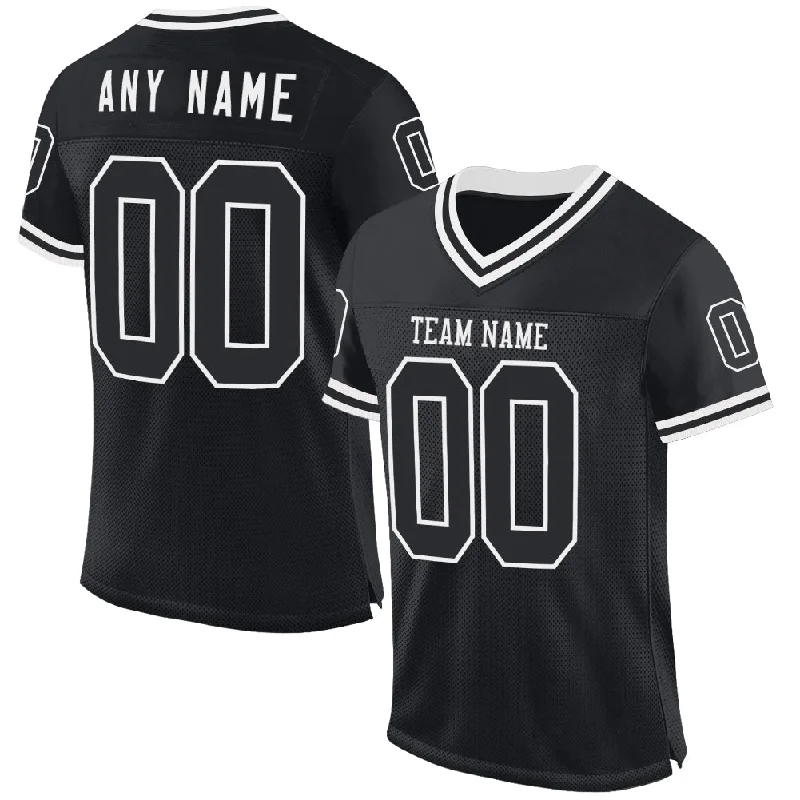 Custom Black White Mesh Authentic Throwback Football Jersey