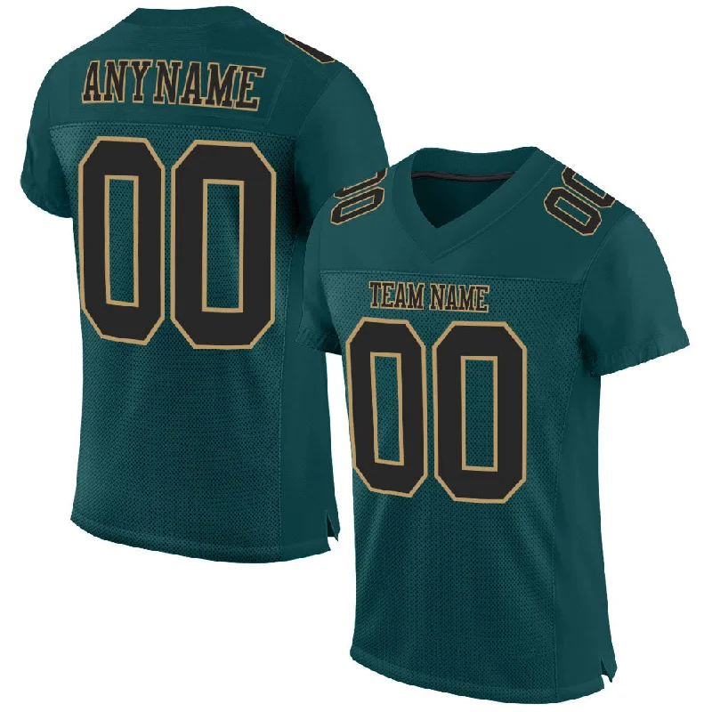 Custom Midnight Green Black-Old Gold Mesh Authentic Football Jersey