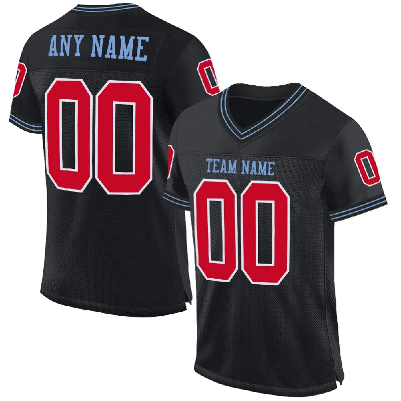 Custom Black Red-Light Blue Mesh Authentic Throwback Football Jersey