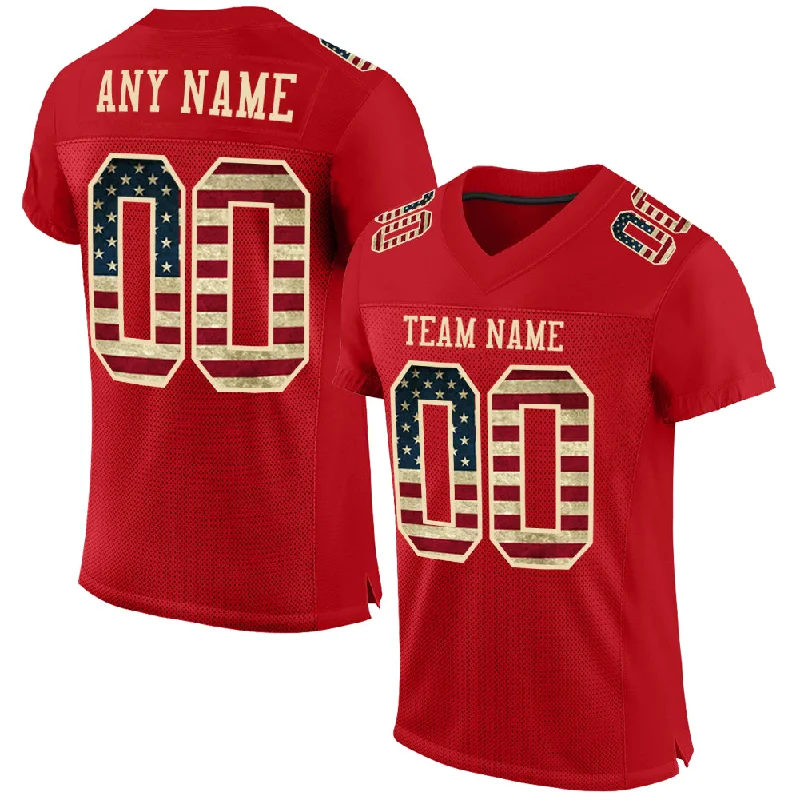 Custom Red Vintage USA Flag-City Cream Mesh Authentic Football Jersey