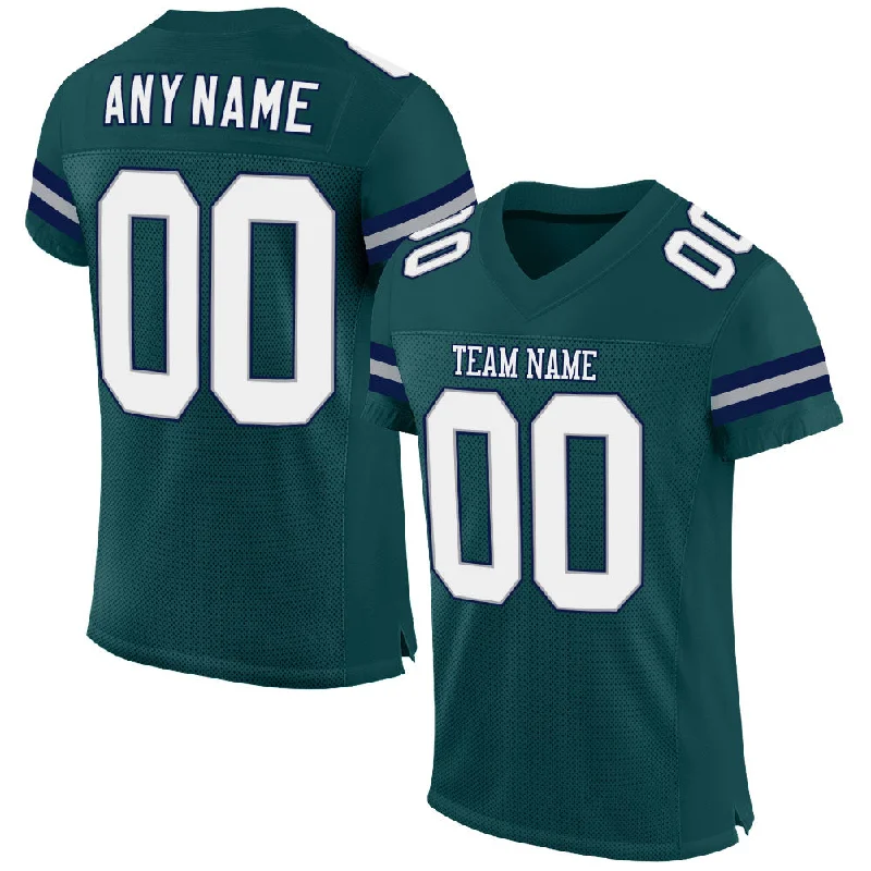 Custom Midnight Green White-Navy Mesh Authentic Football Jersey