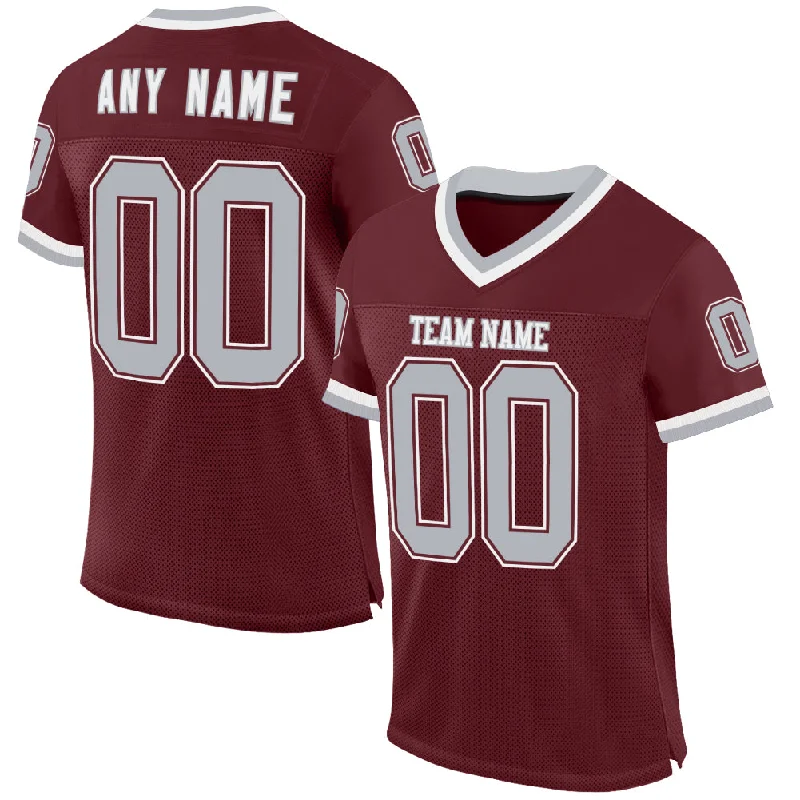 Custom Burgundy Gray-White Mesh Authentic Throwback Football Jersey