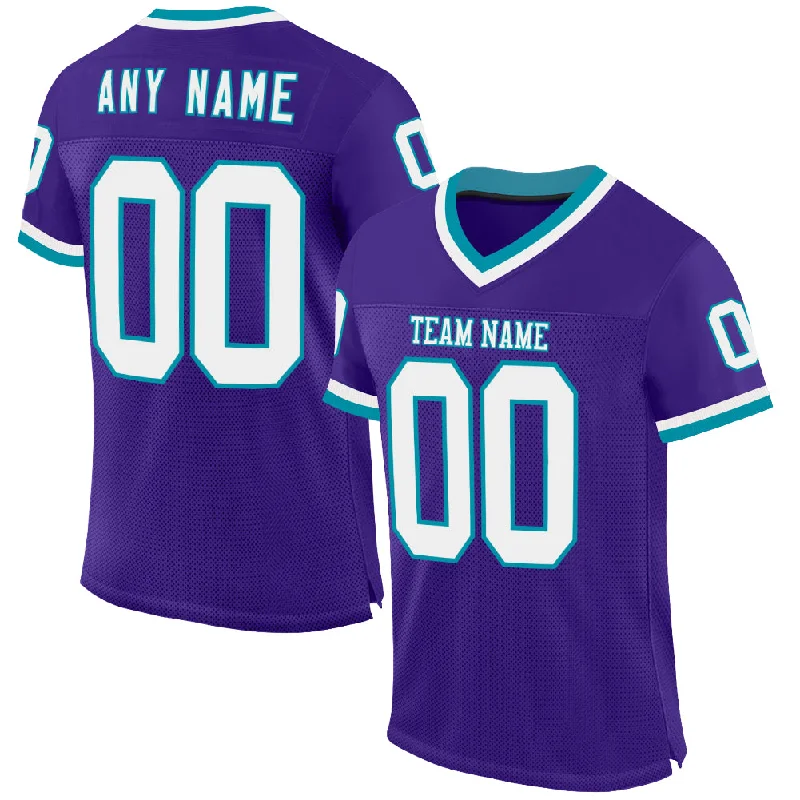 Custom Purple White-Teal Mesh Authentic Throwback Football Jersey