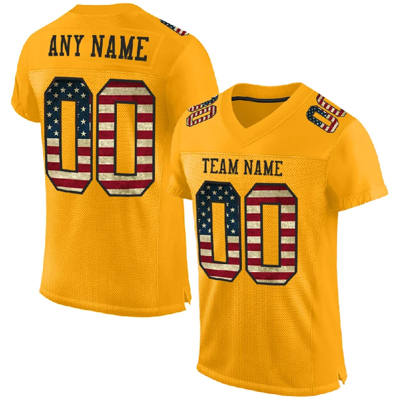 Custom Gold Vintage USA Flag-Black Mesh Authentic Football Jersey