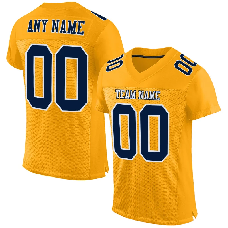 Custom Gold Navy-White Mesh Authentic Football Jersey