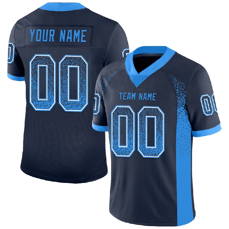 Custom Navy Powder Blue-White Mesh Drift Fashion Football Jersey