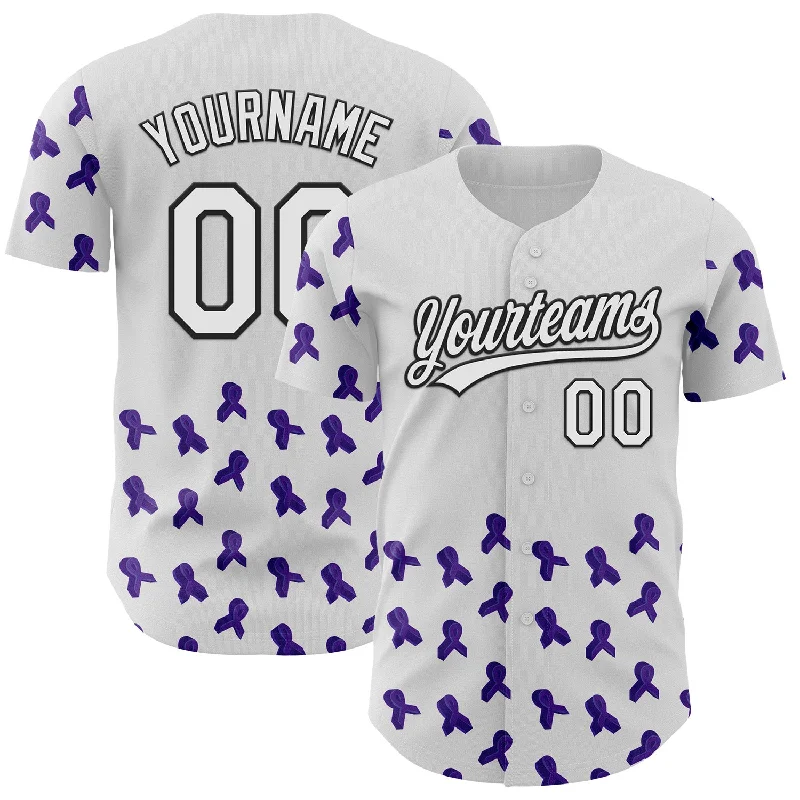 Custom White Purple-Black 3D Gynecological Cancer Ribbon Authentic Baseball Jersey