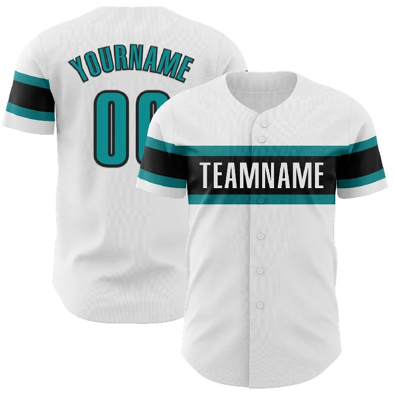 Custom White Teal-Black Authentic Baseball Jersey