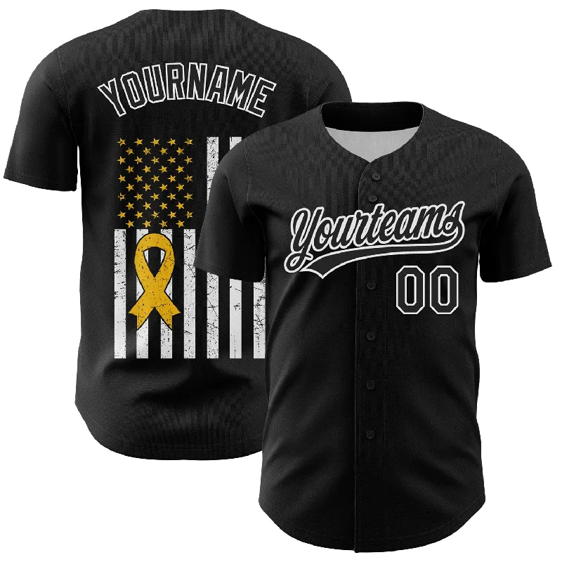 Custom Black White-Yellow 3D Childhood Cancer Gold Ribbon American Flag Authentic Baseball Jersey