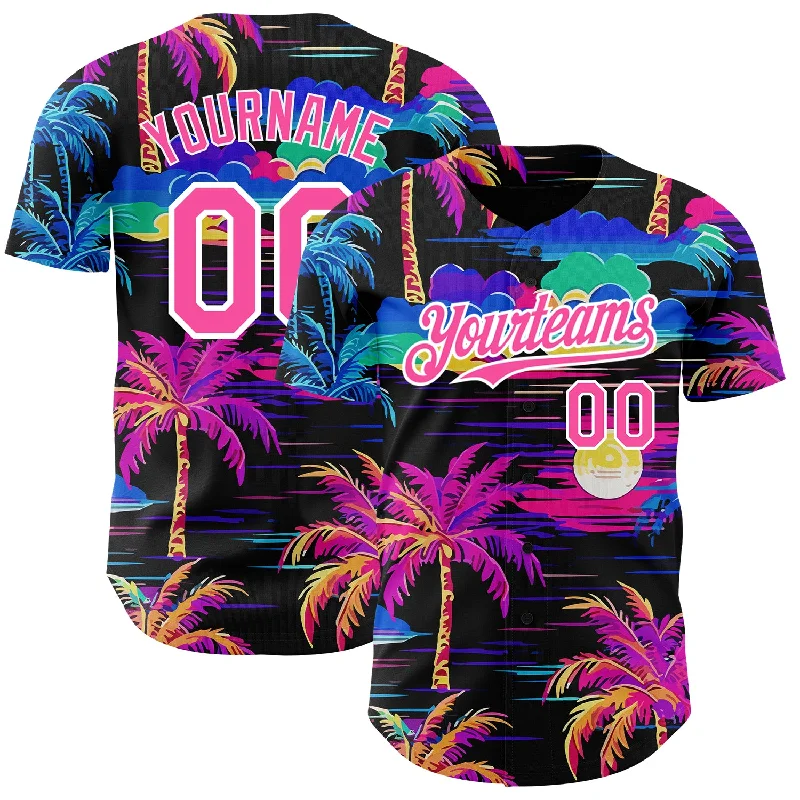 Custom Black Pink-White 3D Pattern Design Beach Hawaii Palm Trees Authentic Baseball Jersey