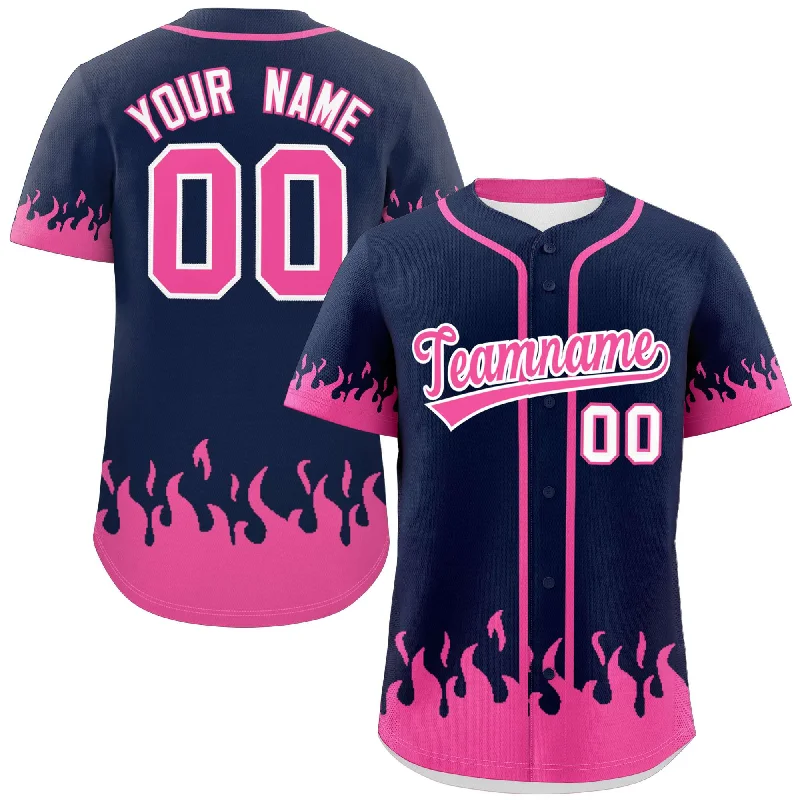 Custom Navy Pink Personalized Flame Graffiti Pattern Authentic Baseball Jersey