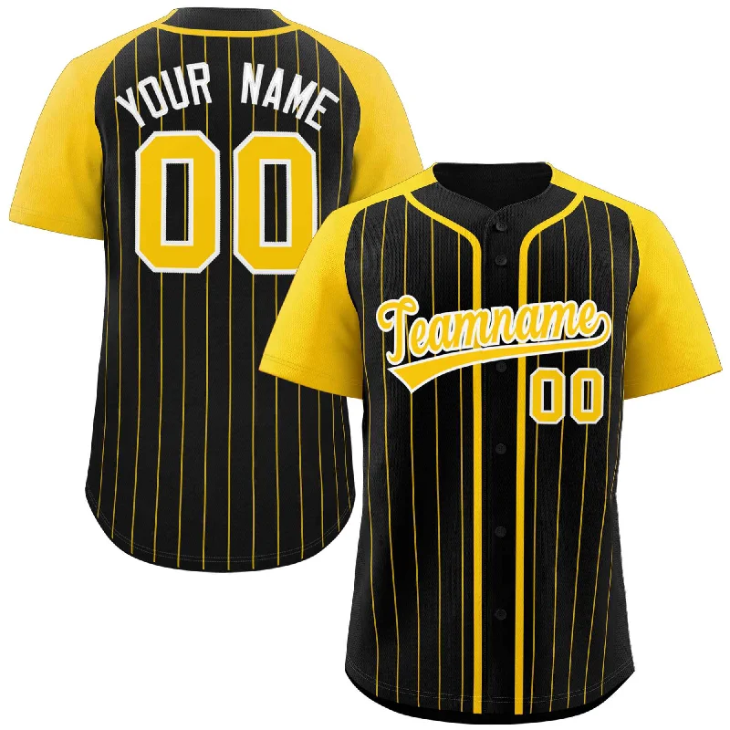 Custom Black Gold-White Stripe Fashion Raglan Sleeves Authentic Baseball Jersey