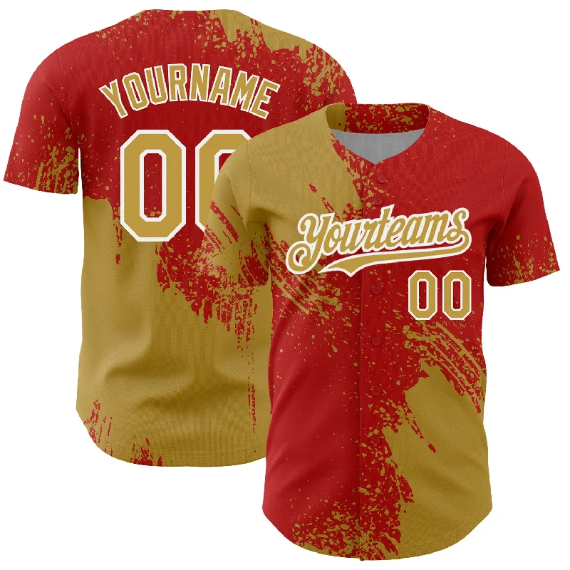 Custom Old Gold Red-White 3D Pattern Design Abstract Brush Stroke Authentic Baseball Jersey