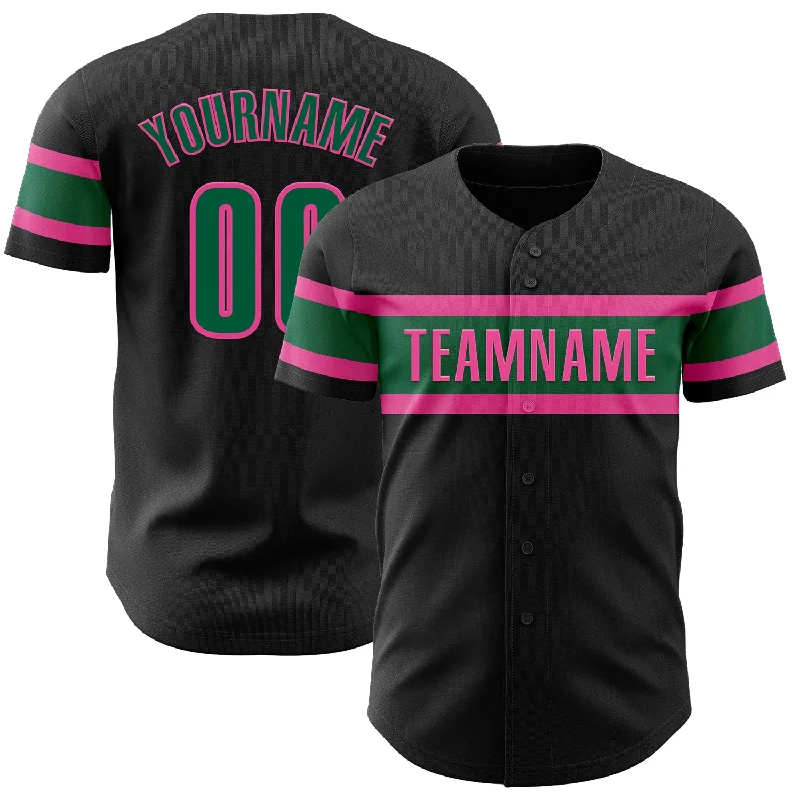 Custom Black Kelly Green-Pink Authentic Baseball Jersey